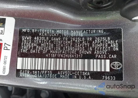 2017 Toyota Camry Se из США, поврежденный, VIN 4T1BF1FK2HU641317